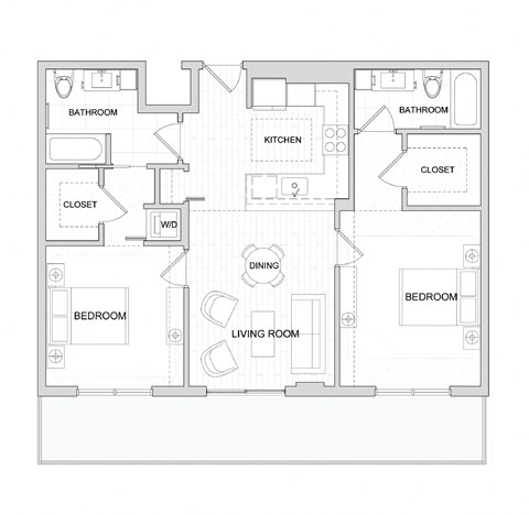 Floor plan for 2 beds, 2 baths, 1037 sqft